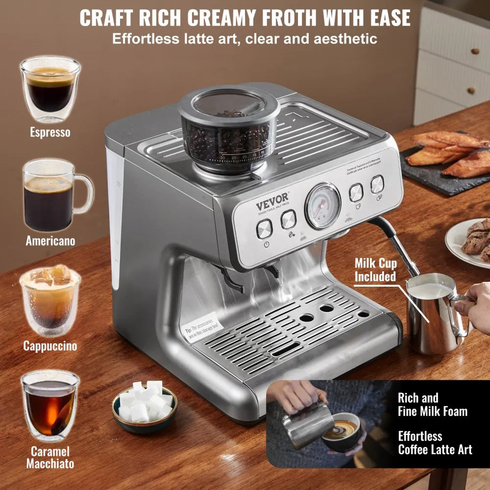 Cafetera espresso con molinillo | 15 bares | semiautomática | con espumador de leche