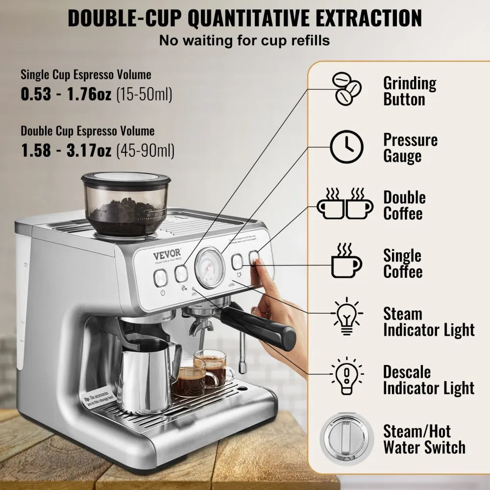 Cafetera espresso con molinillo | 15 bares | semiautomática | con espumador de leche