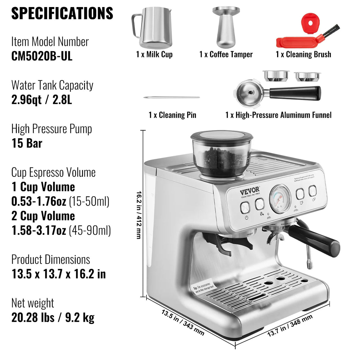 Cafetera espresso con molinillo | 15 bares | semiautomática | con espumador de leche