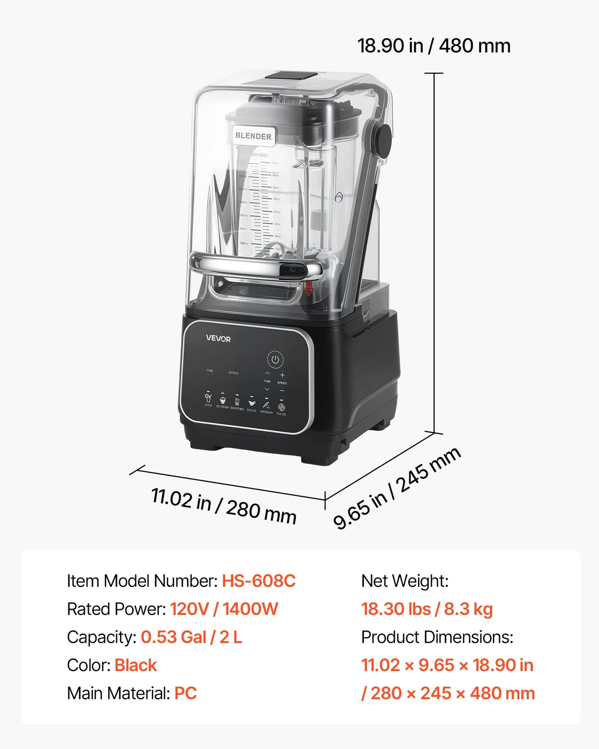 Licuadora profesional de mostrador con protector | 2200 W, 26000 RPM | velocidad ajustable | 6 programas preestablecidos.